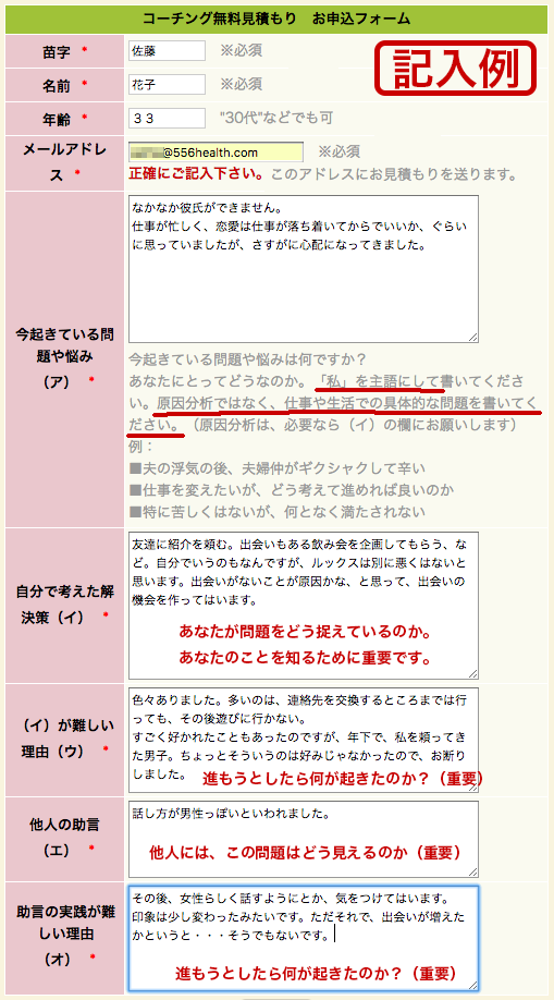 コーチング無料見積もり入力見本